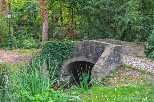 Ancient Stone Footbridge Archway Over Small Stream with Lush Green Foliage and Forest Trees in a Serene Outdoor Park Setting. Bruges town in Belgium, Europe.