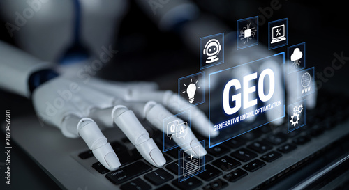 Canvastavla Futuristic Robot Hand Engaging with Digital Interface on Keyboard Representing Generative Engine Optimization Technology Concept Fluxor