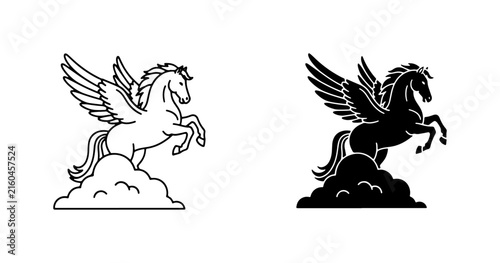 Canvas Print Mythical Pegasus Horse Vector Icons, Winged Steed Silhouette, Fantasy Creature G