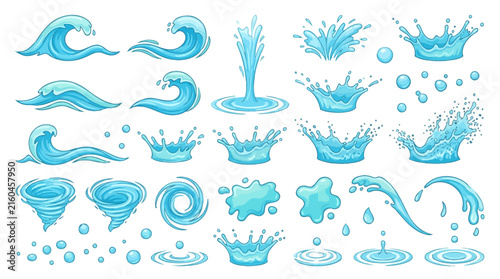Dynamic water splash vector elements showcasing ocean waves, swirling liquid vortexes and refreshing blue liquid droplets