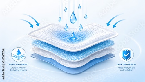 3D illustration of a multi-layer super-absorbent pad with water droplets and leak-protection icons showing rapid liquid absorption and moisture-lock layers
