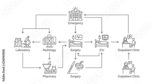 Medical services flowchart with line icons for hospital departments