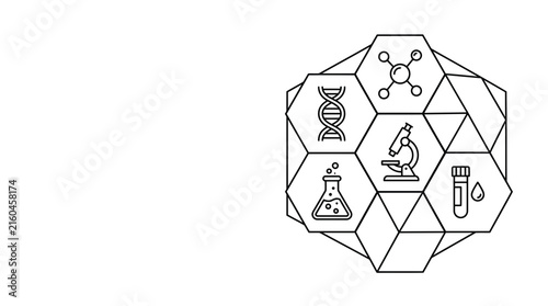 Science and laboratory line icons in geometric hexagonal layout