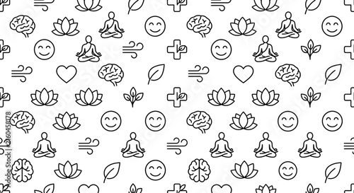Seamless pattern of mental health and wellness line icons
