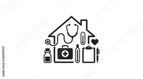 Home healthcare and medical service icons in house silhouette