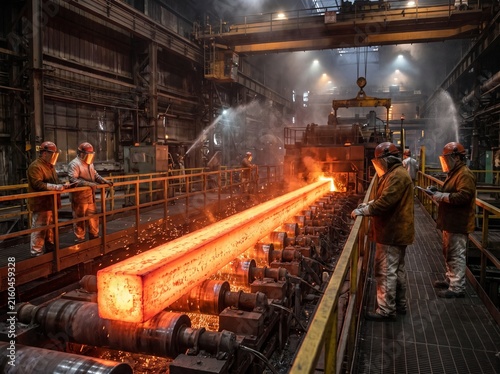 Red hot steel beam moving along production line in a heavy metal manufacturing factory