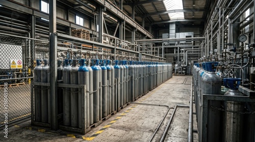 Industrial gas storage facility with rows of pressurized cylinders in a warehouse