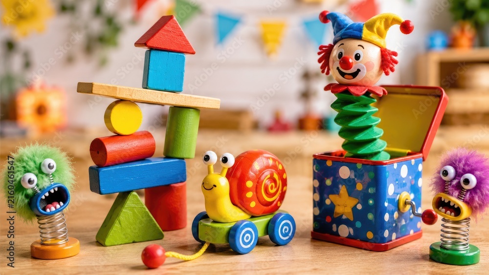 Naklejka premium Colorful wooden children's toys on a playroom table including blocks, pull-along snail, jack-in-the-box and fuzzy spring figures
