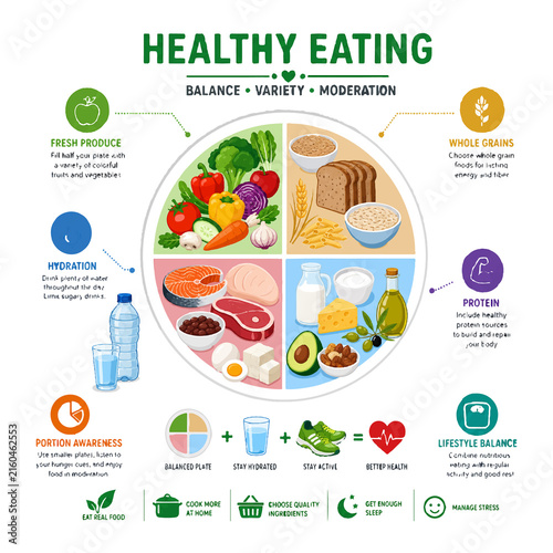 Healthy eating infographic with food plate groups for balanced lifestyle guidance.