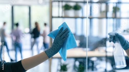 Professional cleaner wiping glass office partition with spray and cloth for hygiene
