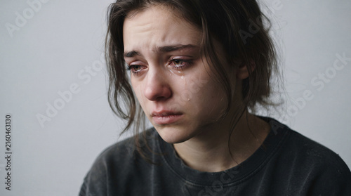 Portrait of crying and upset young woman with tears in her eyes on bright background