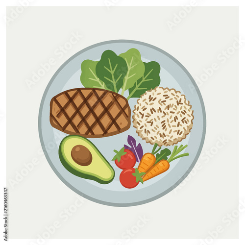 Balanced meal on plate with grilled steak rice avocado carrots and spinach.