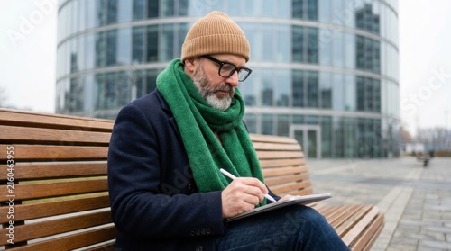 Mature creative professional man sitting on a park bench using a digital tablet and stylus in front of a modern glass office building, concept of digital nomadism and remote creative work