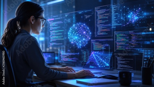 Female programmer coding artificial intelligence with neural network and data visualizations on multiple transparent screens