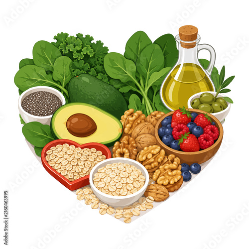 Heart shaped arrangement of heart healthy superfoods including avocado and berries.