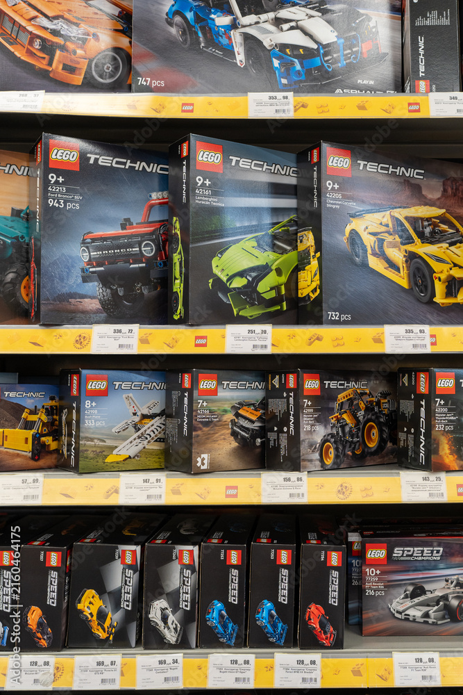 Fototapeta premium Lego construction kits for sale at Lego Store. Lego is a line of plastic construction toys that are manufactured by The Lego Group company in Denmark. Minsk, Belarus - June 10, 2026