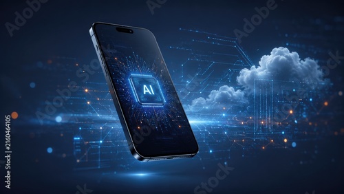 Smartphone displaying an AI chip graphic with cloud computing and network data connections in a blue futuristic tech scene