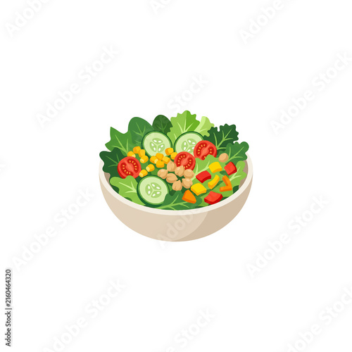 Healthy salad in bowl with fresh vegetables and chickpeas, side view.