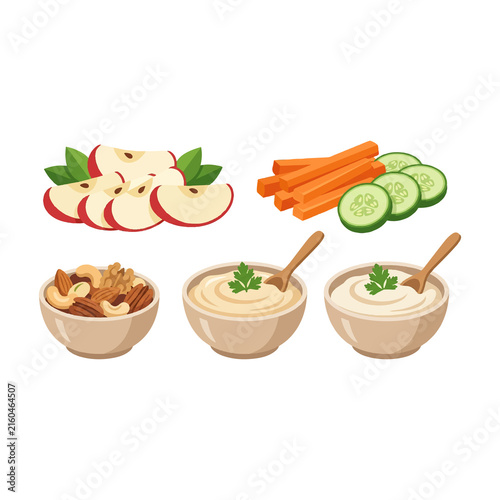 Selection of healthy snacks including apple slices vegetable sticks nuts and dips.
