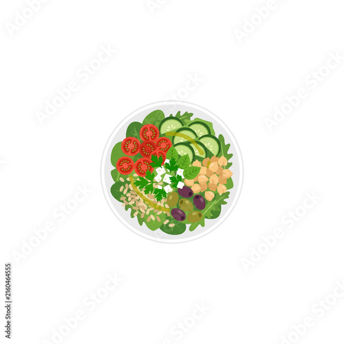 Healthy greek salad top view with fresh vegetables, feta cheese, and olives.