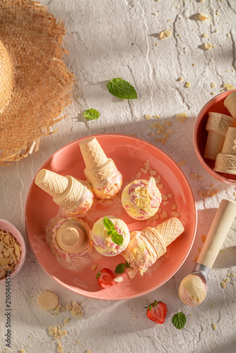 Tasty and sweet strawberry ice cream made of berry fruits.