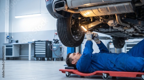 Male mechanic inspecting car engine on hydraulic lift in professional auto repair shop