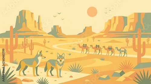 Desert landscape illustration with coyotes and a camel caravan