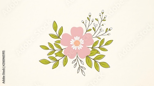 Hand drawn illustration of a pink flower with green leaves and branches