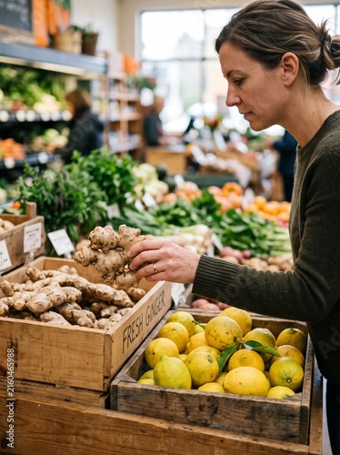 Woman choosing fresh organic ginger and lemons at local farmers market produce stand