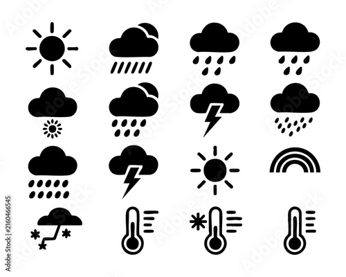 Foto Weather forecast icons with sun clouds rain snow lightning thermometers and rainbow for meteorological services