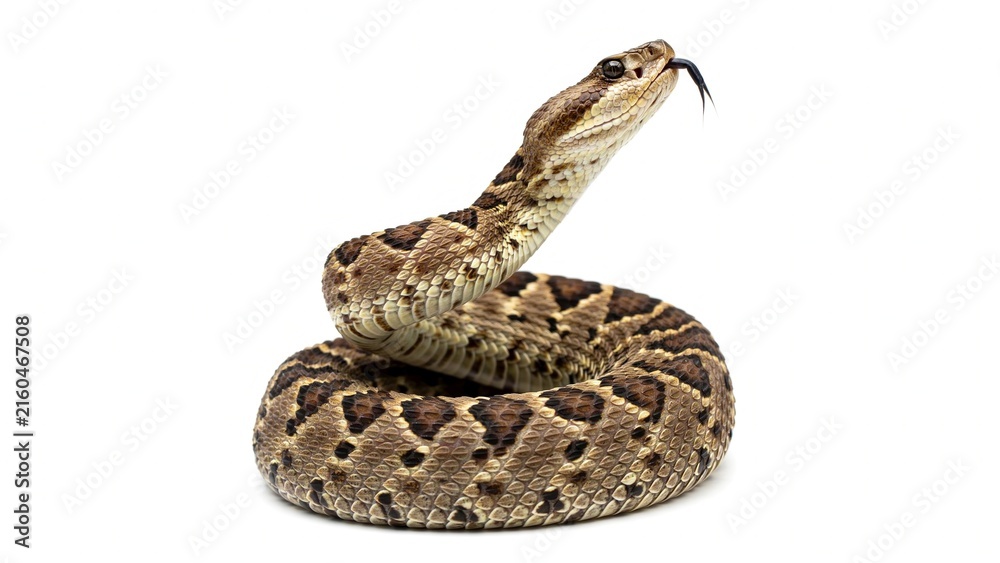 Obraz premium Rattlesnake coiled with tongue flicking, studio shot on white background, reptile