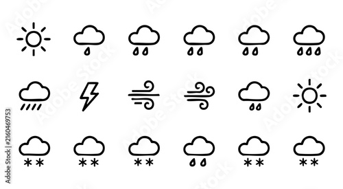 Minimalist weather line icons showing diverse meteorological conditions for mobile application use.