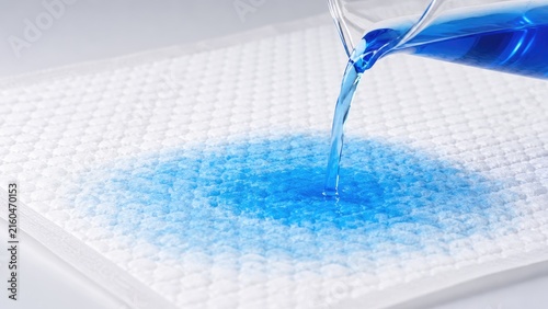 Blue liquid poured onto a white quilted absorbent pad, spreading into a circular wet stain that demonstrates absorbency and surface texture