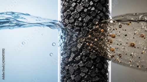 Dirty water with visible particles flowing through a granular activated carbon column into clear water, illustrating water filtration and purification in a split-view close-up