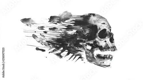 Abstract skull illustration in ink with splatter effect on white background