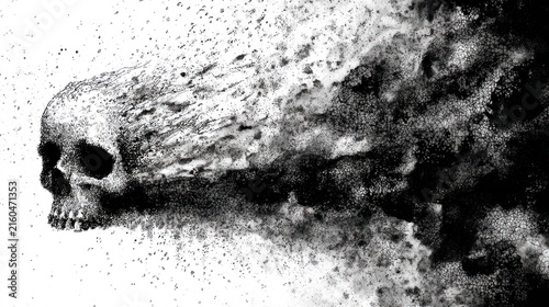 Skull disintegrating into smoke symbolic concept on white background