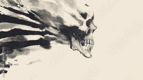 Artistic depiction of a skull with dramatic smoky brushstrokes on light background