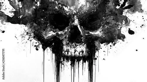 Abstract ink skull illustration on white background for graphic design