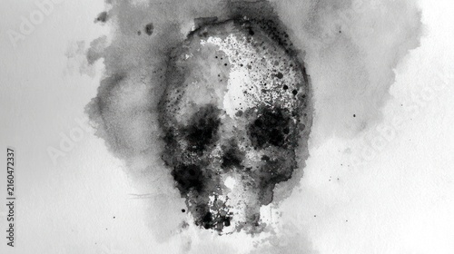 Abstract watercolor skull in black and white with cloudy background