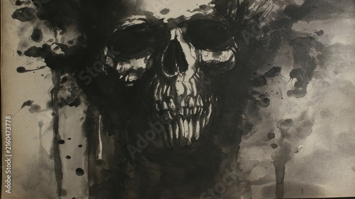 Dramatic skull artwork with dark ink splatters and abstract composition