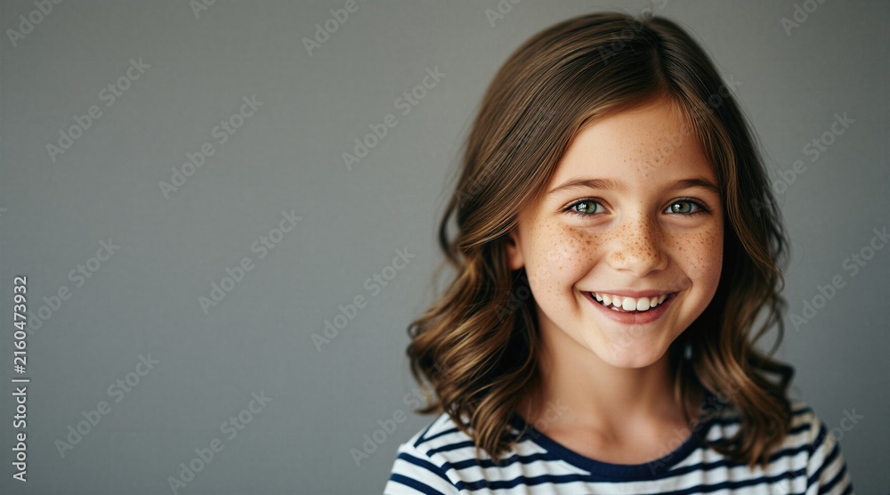 Fototapeta premium Little girl with freckles, brown hair smiles. Cute child portrait against grey background. Young female kid expresses joy with radiant face. Natural beauty of happy youth person shows friendly