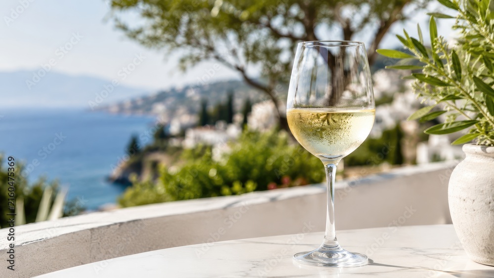 Fototapeta premium Chilled glass of white wine on a terrace table overlooking a sunlit Mediterranean coastal view