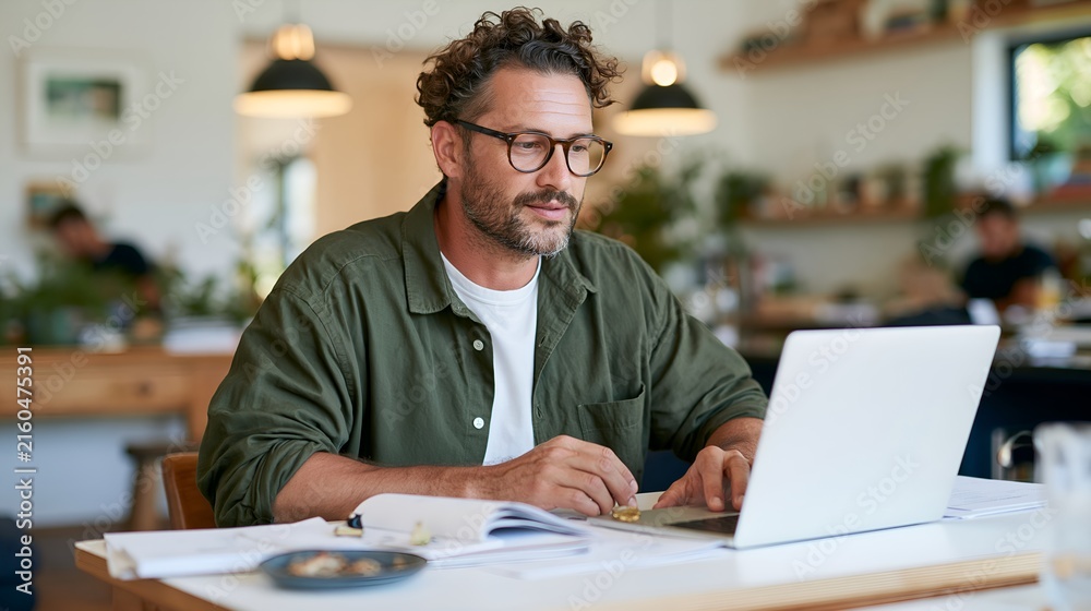 Obraz premium Man with glasses works on laptop at cafe table.