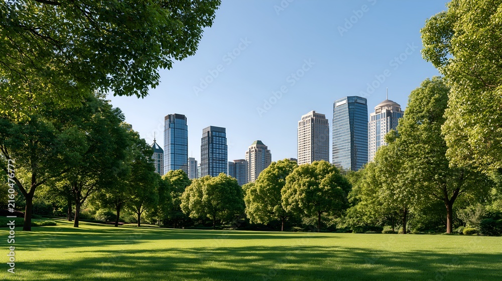 Fototapeta premium Lush green trees frame a vibrant city skyline.