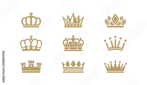 Collection of 9 gold crown icons including imperial arched crowns with crosses, fortress wall crowns, leaf details, geometric crystal peaks, and ball-tipped tiaras.