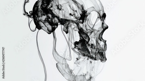 Abstract skull formed by black smoke against white background