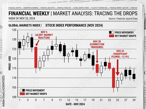 Financial stock market analysis chart showing index performance and price drops on paper.