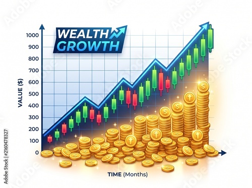 Wealth growth financial chart with rising candlestick graph and stacks of gold coins