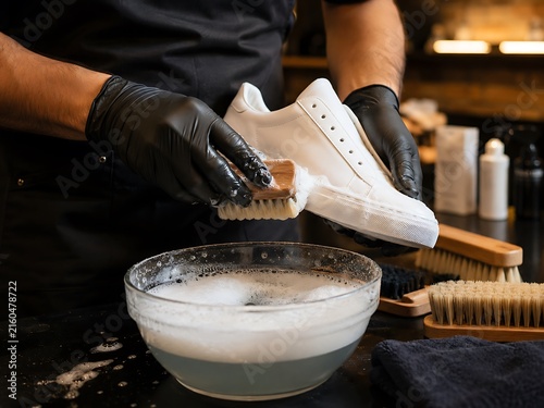 Sneaker restoration and cleaning workshop, white shoes, soapy solution, black gloves, foam, tools, care process