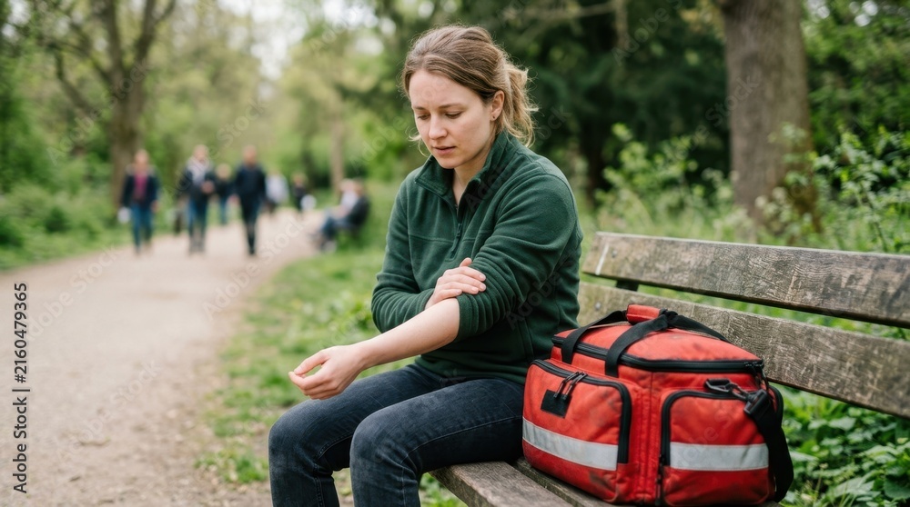 Obraz premium Woman sitting on park bench holding injured arm. Female patient in pain waiting for medical assistance next to red first aid bag. Outdoor emergency response concept